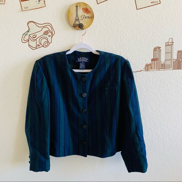 E.H. Woods Blue Green Striped Cropped Button Up Blazer Size 14 - Picture 2 of 11